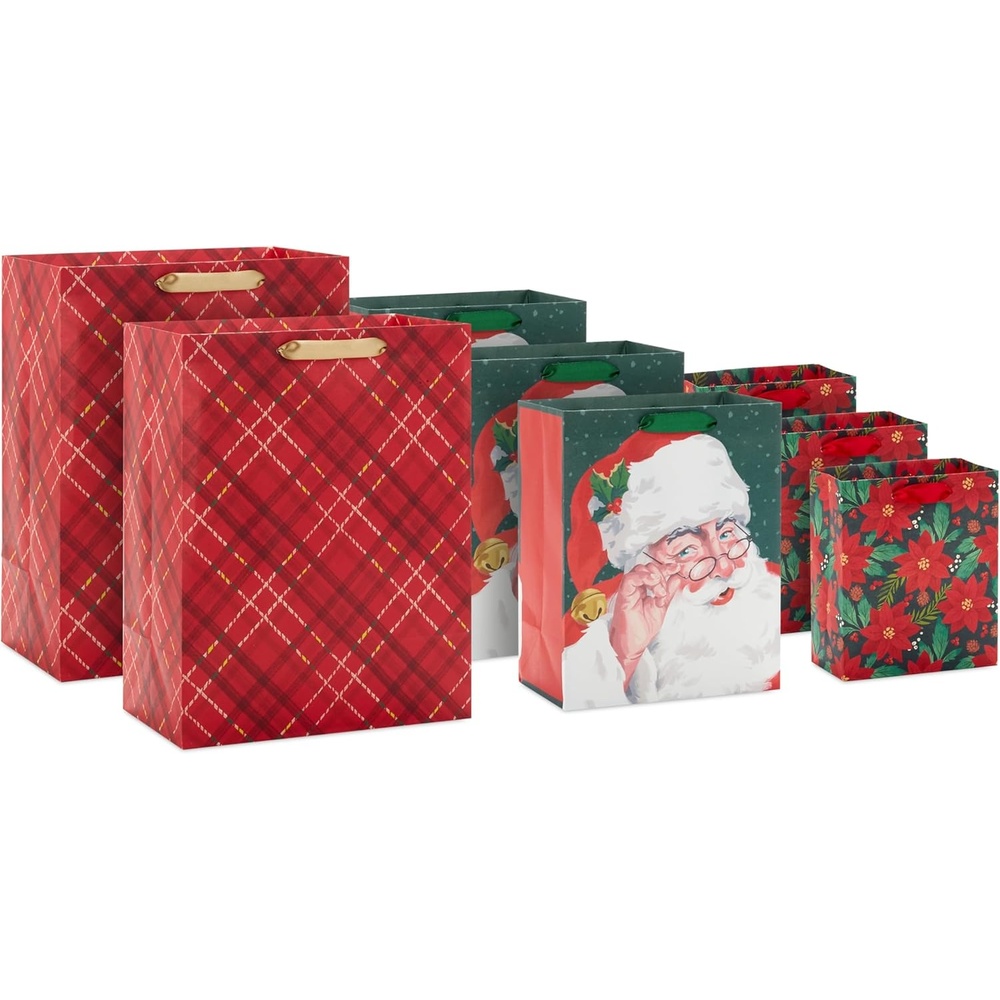 image:imageHallmark Christmas Gift Bag Assortment with Tissue Paper Pack of 3 Gift Bags 1 Large 13 2 Extra Large 15 Gold Plaid SantaRed Plaid  Retro Santa  Poinsettia