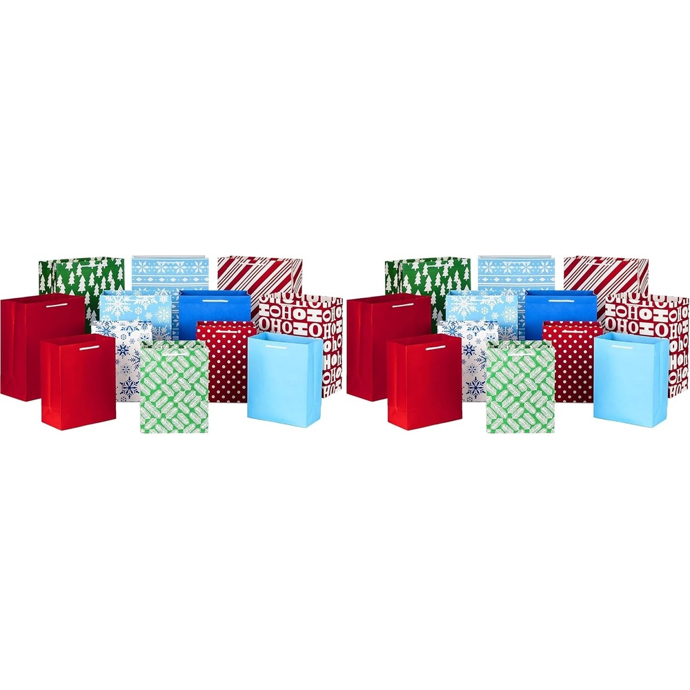 image:imageHallmark Christmas Gift Bags Assorted Sizes 12 Bags 5 Medium 8 4 Large 11 3 Extra Large 14 Red Blue Green Solids Snowflakes Stripes12 Piece Assortment Pack of 2