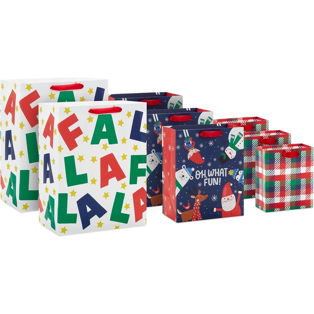 image:imageHallmark Christmas Gift Bags Assorted Sizes 8 Bags 2 Small 5 2 Medium 8 2 Large 11 2 Extra Large 14 Penguins Hedgehogs Santa Claus Snowmen TreesFa la la  Oh What Fun  Christmas Plaid