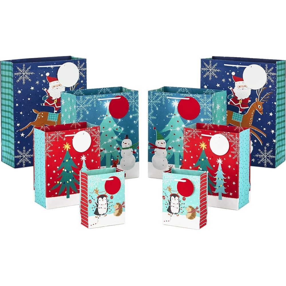 image:imageHallmark Christmas Gift Bags Assorted Sizes 8 Bags 2 Small 5 2 Medium 8 2 Large 11 2 Extra Large 14 Penguins Hedgehogs Santa Claus Snowmen TreesPenguins  Santa Claus  Snowmen  Christmas Trees