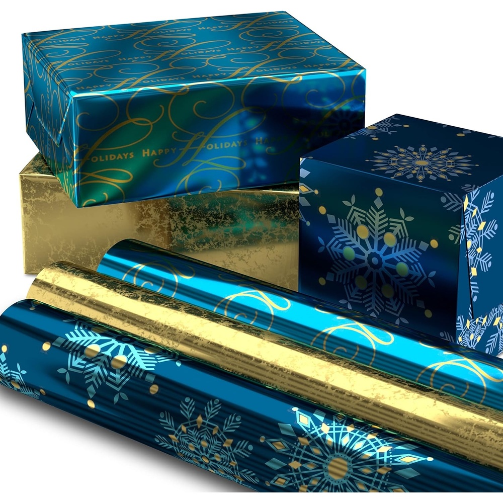 image:imageHallmark Christmas Wrapping Paper Rolls  Navy Blue and Gold Stars Snowflakes Winter Galaxy Gift Wrap Paper 3 Rolls 120 sq ft ttl for Holiday Parties Hanukkah Winter WeddingsNavy Blue Snowflakes  Gold  Happy Holidays