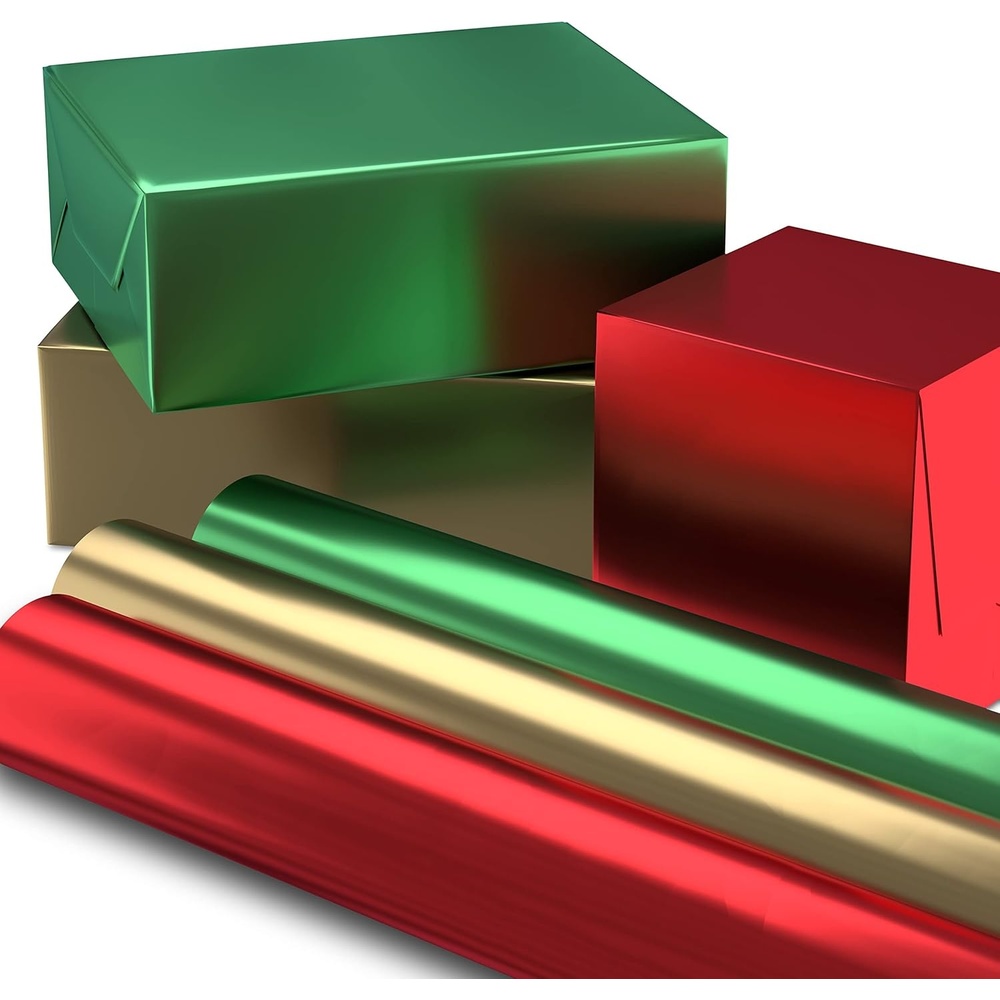 image:imageHallmark Christmas Wrapping Paper Rolls  Solid Red Green Gold Metallic Foil Gift Wrap Paper Set of 3 Rolls 60 sq ft ttl for Holiday Parties Hanukkah Winter WeddingsMetallic Red  Green  Gold