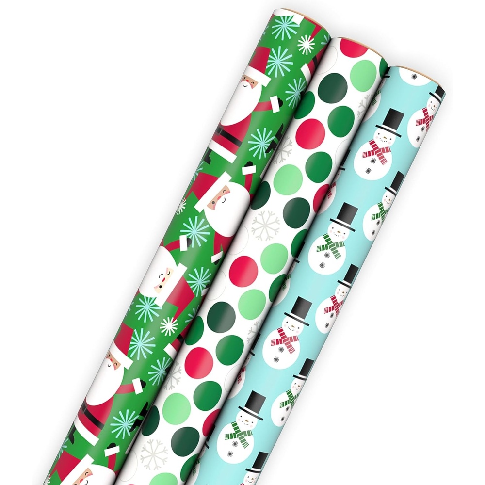 image:imageHallmark Christmas Wrapping Paper with Cutlines on Reverse 3 Rolls 90 Sq Ft Total Santa Claus Polka Dots SnowmenRed  Blue  Mint Green