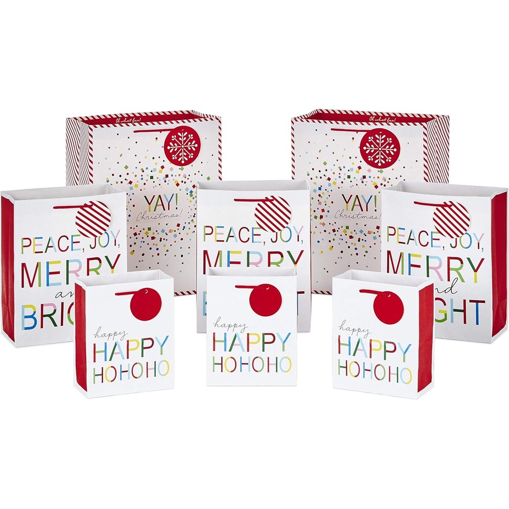 image:imageHallmark Colorful Christmas Gift Bag Assortment 8 Bags 2 Small 6 2 Medium 9 2 Large 13 2 Bottle Bags Minimalist Trees Pink Teal Yellow GreenPeace Joy Merry Bundle