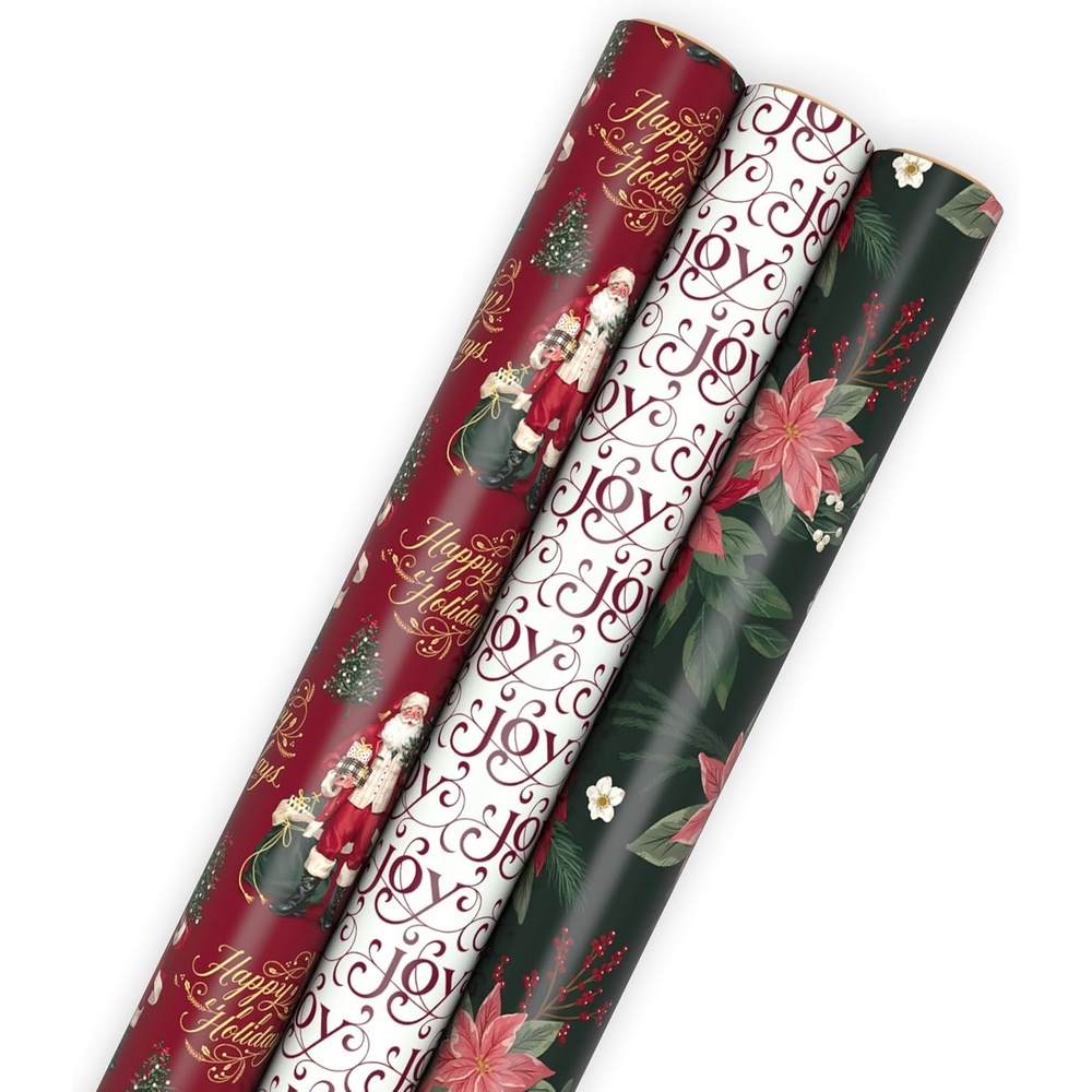 image:imageHallmark Elegant Christmas Wrapping Paper Rolls 3 Rolls 120 Sq Ft Total Red Joy on White Santa Claus and Happy Holidays on Red Painted Poinsettia on Hunter Green3 Large Rolls