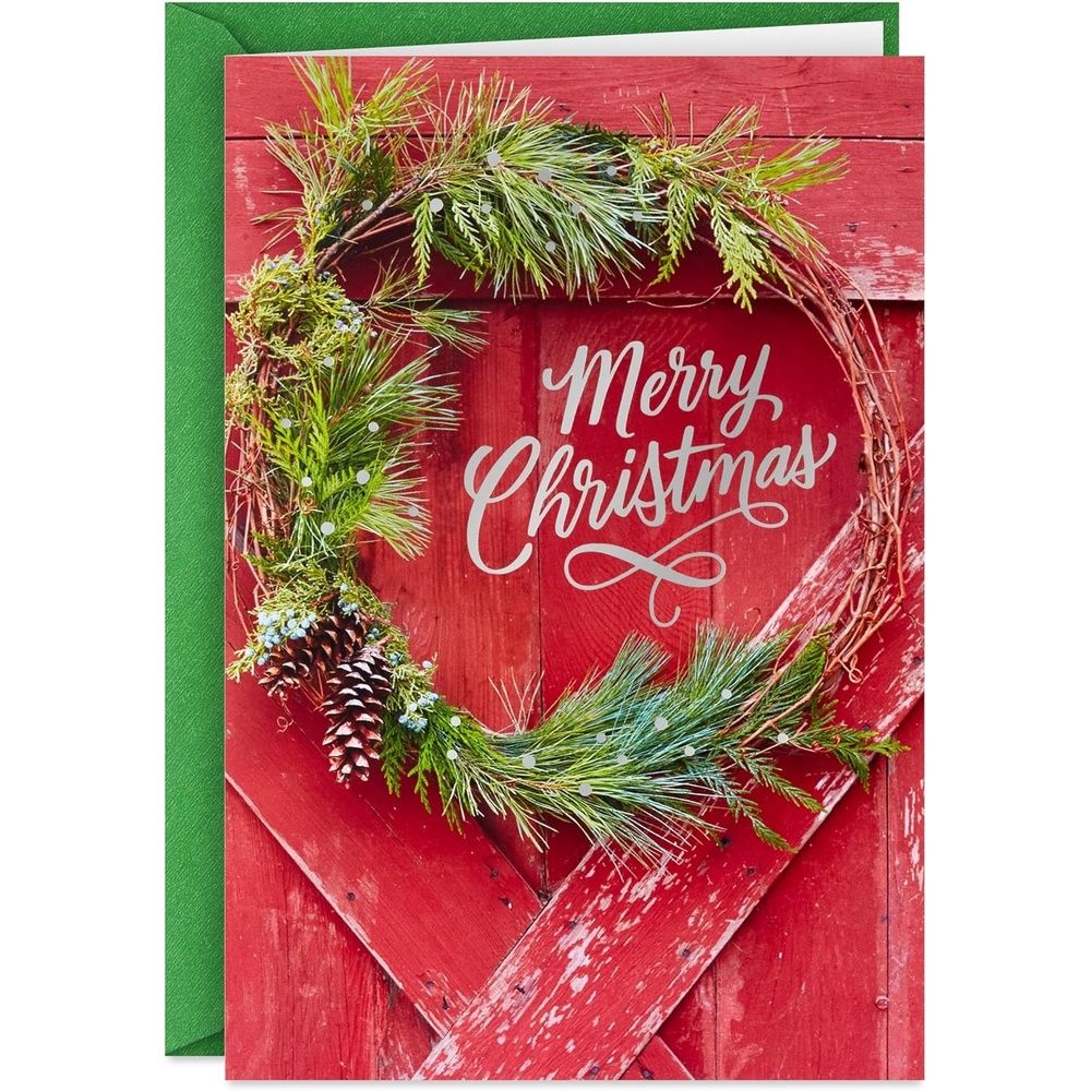 image:imageHallmark Elegant Rustic Christmas Card Assortment 24 Cards and Envelopes Sage Green Charcoal Black Snowmen PeaceBarn Door with Wreath