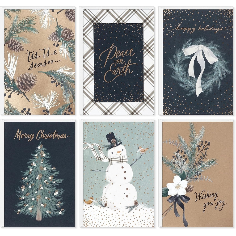 image:imageHallmark Elegant Rustic Christmas Card Assortment 24 Cards and Envelopes Sage Green Charcoal Black Snowmen PeaceRustic Snowman