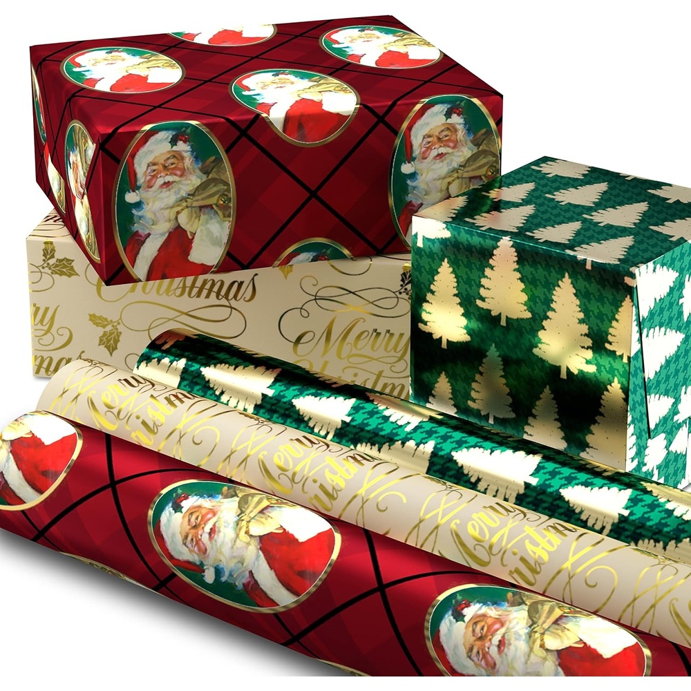 image:imageHallmark Foil Wrapping Paper with Cut Lines on Reverse 3 Rolls 60 Sq Ft Ttl Rose Gold Silver Trees Gold Snowflakes for Winter Weddings Graduations Valentines DayRed  Green  Gold