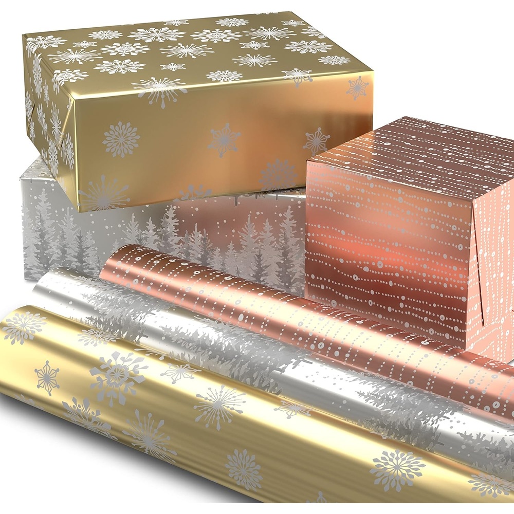 image:imageHallmark Foil Wrapping Paper with Cut Lines on Reverse 3 Rolls 60 Sq Ft Ttl Rose Gold Silver Trees Gold Snowflakes for Winter Weddings Graduations Valentines DayRose Gold  Silver  Gold