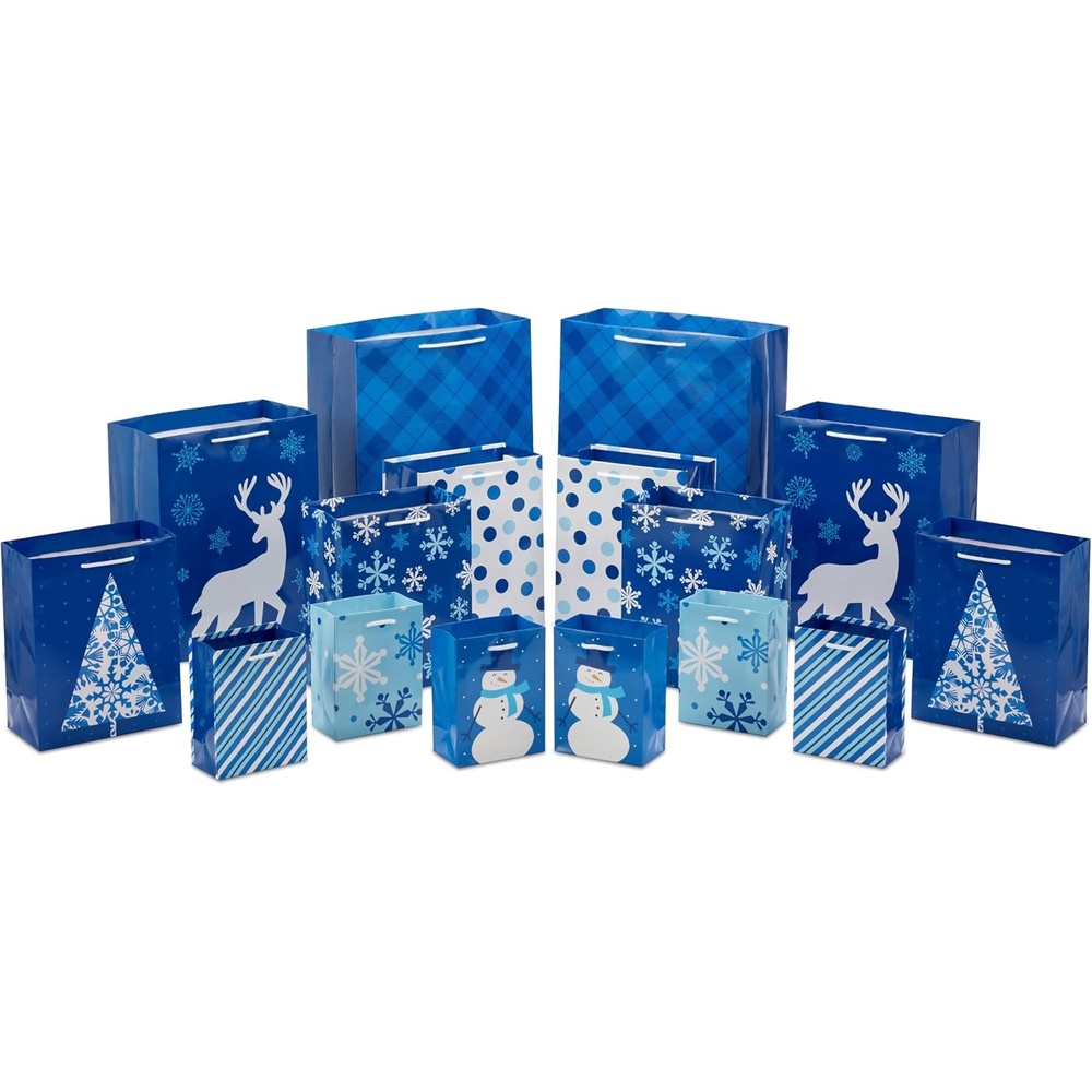 image:imageHallmark Holiday Gift Bag Assortment Blue and Silver Pack of 8 Gift Bags 3 Small 6 3 Medium 9 2 Large 13 Ornaments Snowflakes StripesBlue Plaid  Stripes  Snowman  Deer  Snowflake  Dots