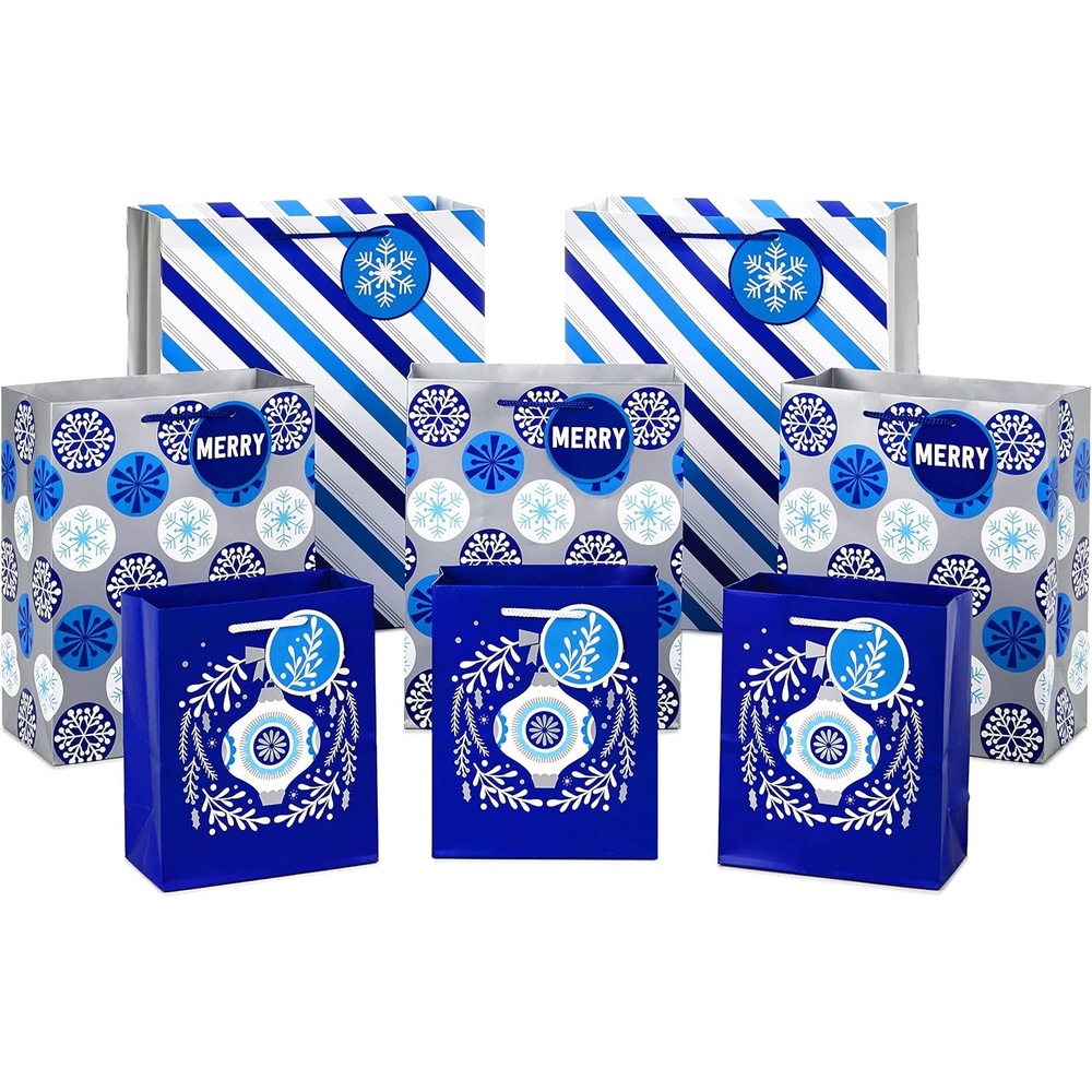 image:imageHallmark Holiday Gift Bag Assortment Blue and Silver Pack of 8 Gift Bags 3 Small 6 3 Medium 9 2 Large 13 Ornaments Snowflakes StripesHoliday Gift Bags