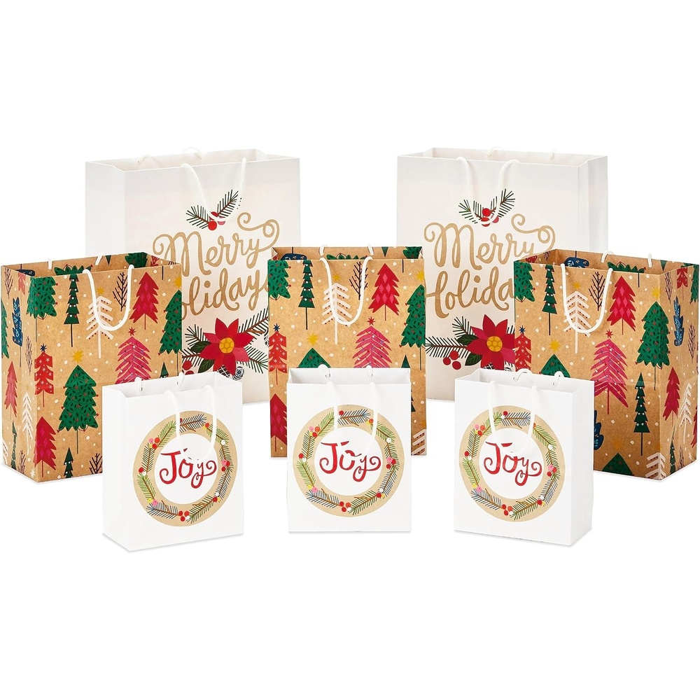 image:imageHallmark Holiday Gift Bags 8 Bags 3 Small 6 3 Medium 9 2 Large 13 Recyclable Kraft with Pink Trees Merry Holidays Winter Flowers Joy Wreath for Christmas Hanukkah Weddings
