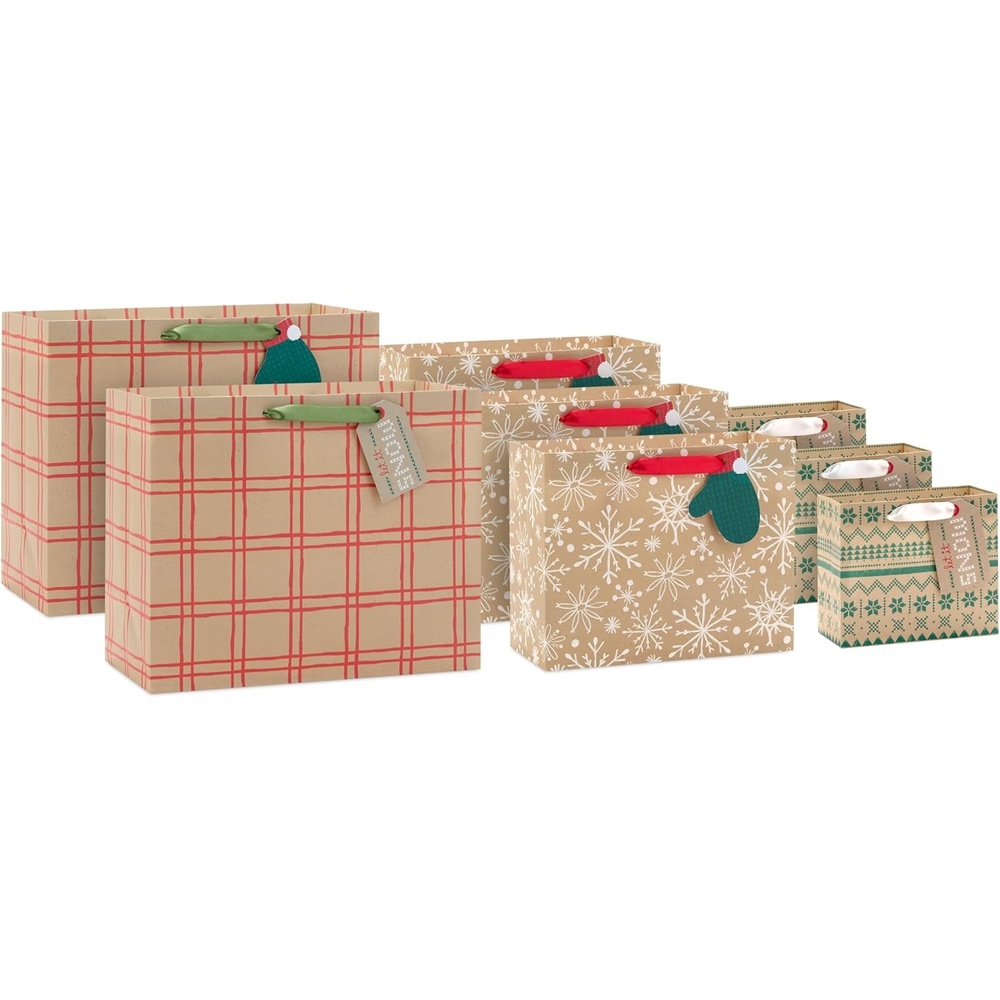 image:imageHallmark Holiday Kraft Gift Bags with Gift Tags 8 Horizontal Bags 8 Tags Snowflakes Mittens Let It SnowKraft Plaid  Snowflakes  Mittens