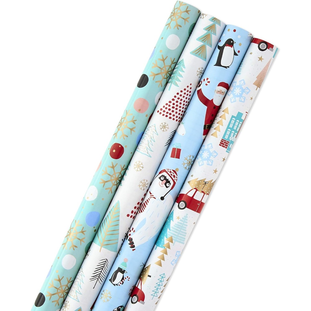 image:imageHallmark Holiday Wrapping Paper Bundle with Cut Lines on Reverse Elegant Woodland Pack of 4 120 sq ft TTL Peace and Joy Deer Pinecones Snowflakes Blue GoldYeti  Santa  Penguin  Snowflakes  Blue  Gold