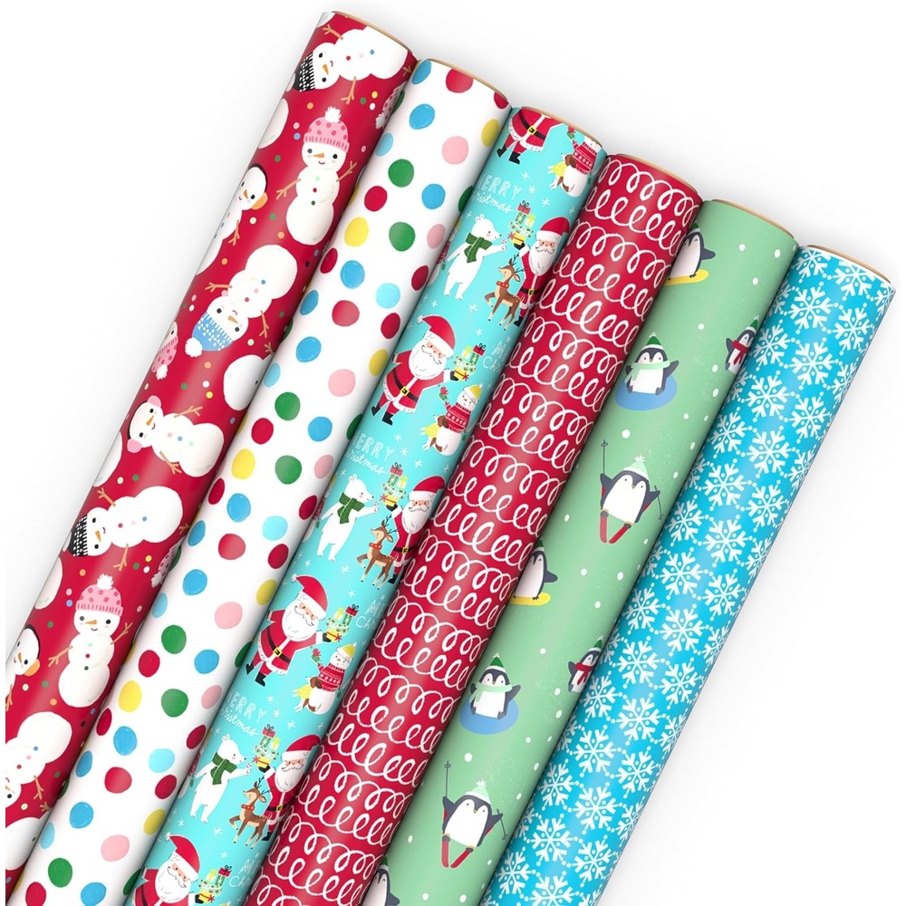 image:imageHallmark Kids Christmas Wrapping Paper Rolls with Cutlines on Reverse 6 Rolls 180 Sq Ft Total Dinosaur Unicorn Flamingo KoalaSnowman  Dots  Santa  Snowflakes  Penguins