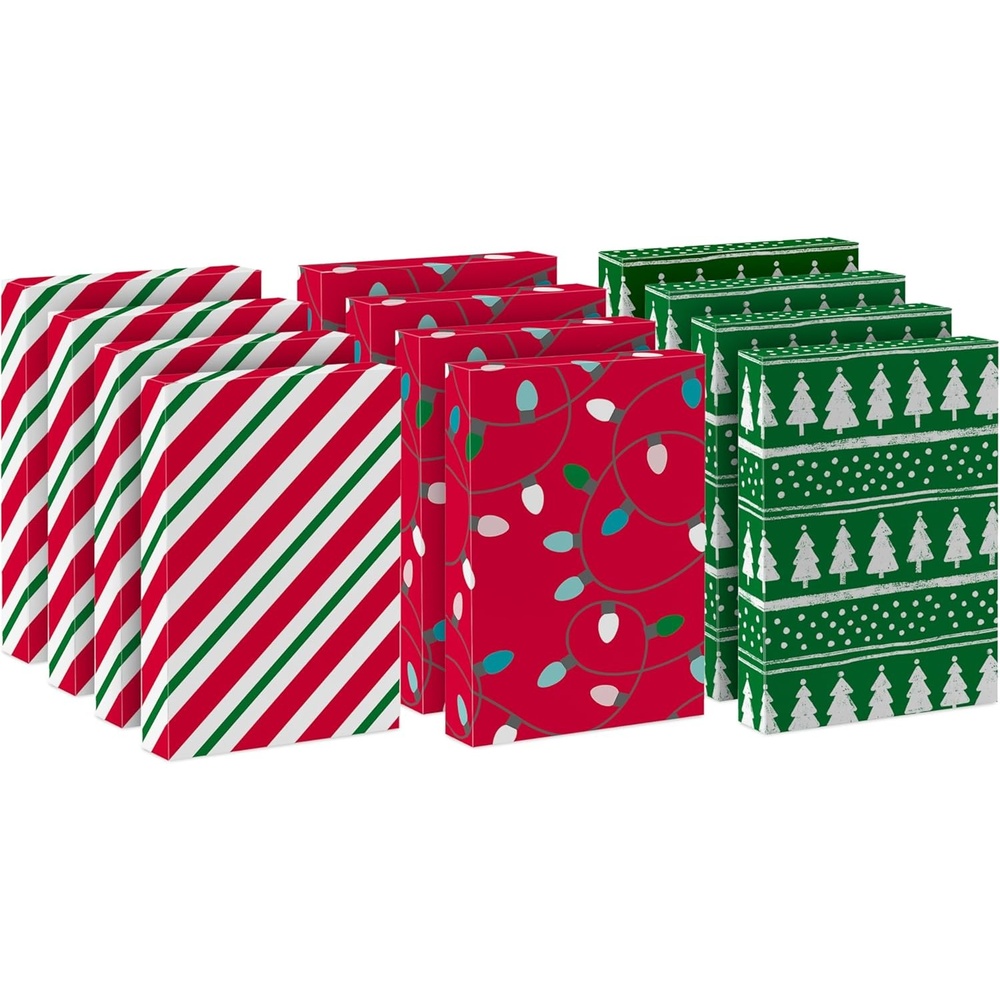 image:imageHallmark Medium Christmas Gift Boxes with Lids 12 Shirt Boxes 3 Designs Lights Trees Red and Green Stripes for Christmas Holiday Parties Hostess Gifts1 count Pack of 12