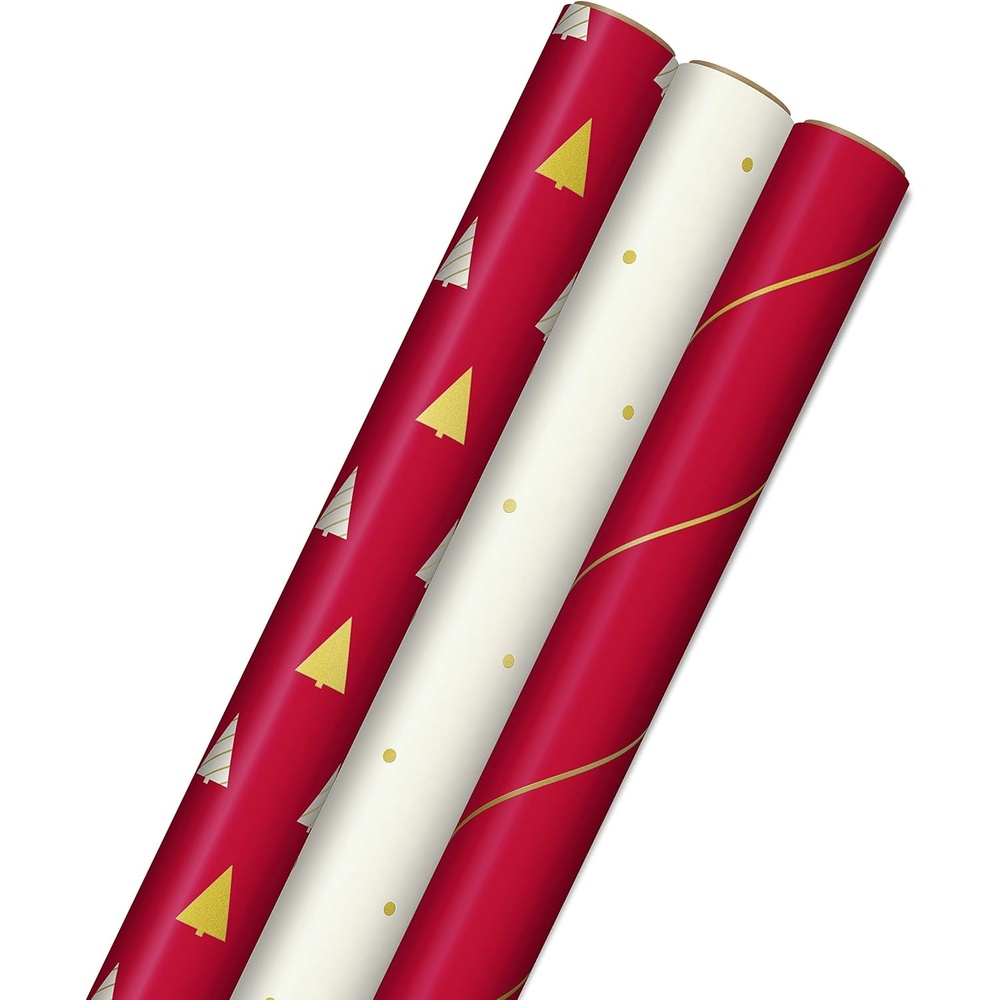 image:imageHallmark Minimalist Christmas Wrapping Paper with Cut Lines on Reverse 3 Rolls 120 sq ft ttl Red White Gold Trees Stripes DotsRed  White  Gold Trees  Stripes  Dots