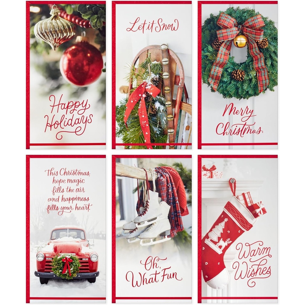 image:imageHallmark Money and Gift Card Holder Christmas Card Assortment 36 Cards with Envelopes Stocking Wreath Red Truck Ice Skates Sled Red and Gold OrnamentsWarm Wishes