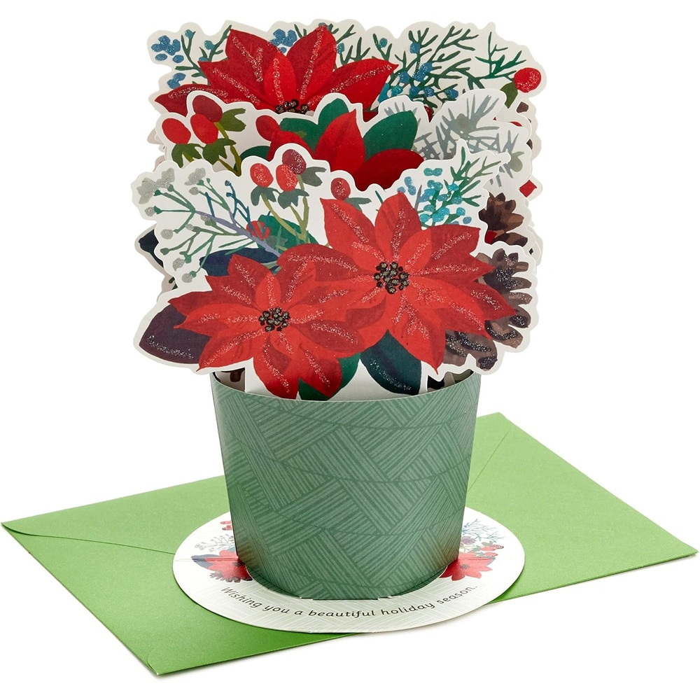 image:imageHallmark Paper Wonder Pop Up Christmas Card with Sound and Motion Spinning Santa in SleighPoinsettia Bouquet