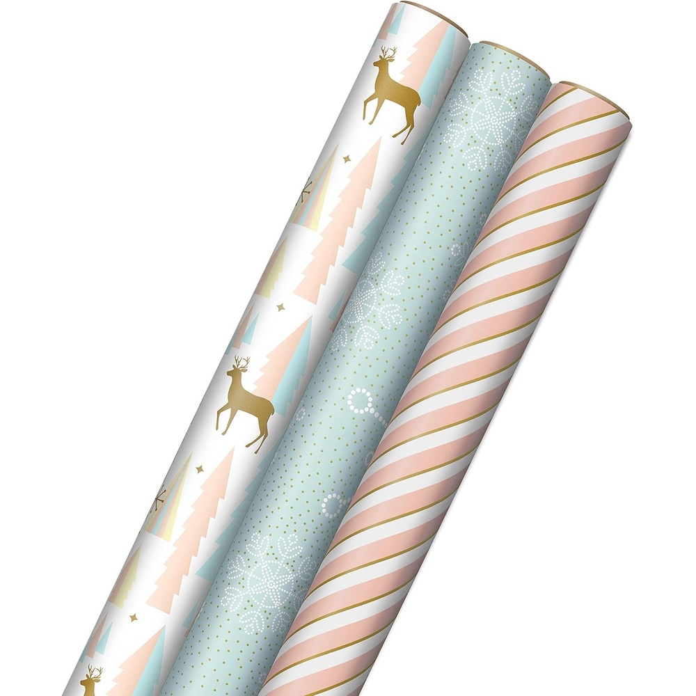 image:imageHallmark Pink Christmas Wrapping Paper with Cut Lines on Reverse 3 Rolls 120 sq ft ttl Pink Mint Gold Reindeer Christmas Trees SnowflakesPink  Mint  Gold  Reindeer  Christmas Trees  Snowflakes