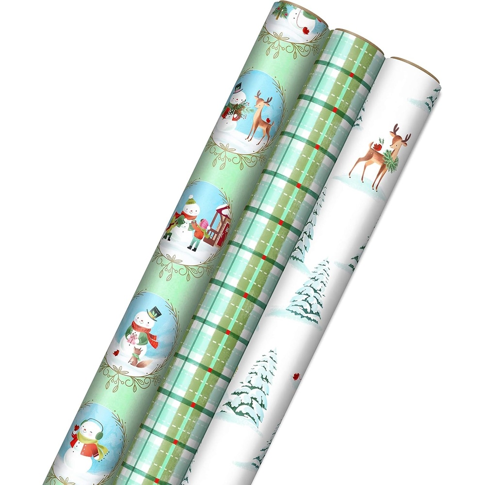 image:imageHallmark Pink Christmas Wrapping Paper with Cut Lines on Reverse 3 Rolls 120 sq ft ttl Pink Mint Gold Reindeer Christmas Trees SnowflakesStorybook Critters  Snowmen  Green and Blue Plaid