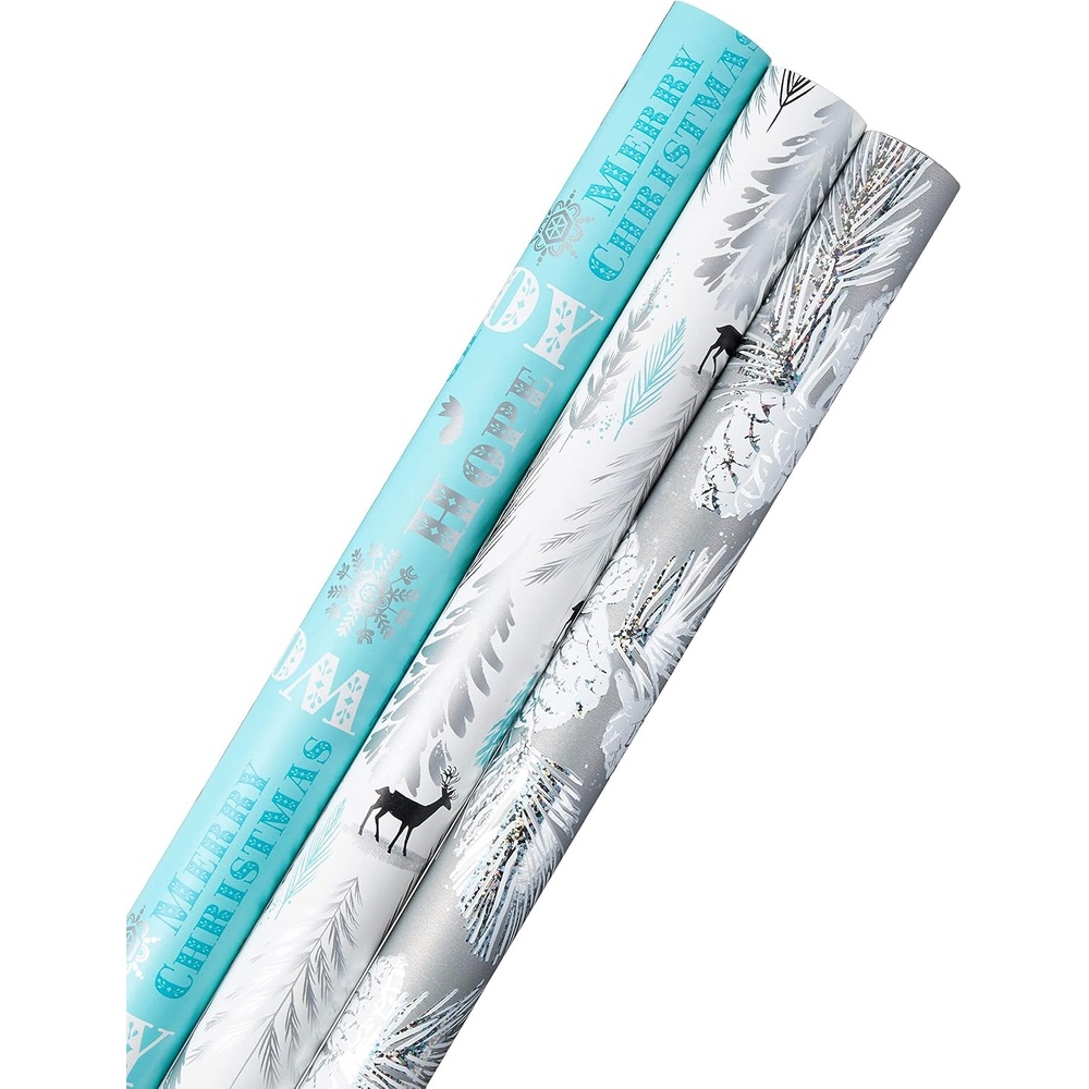 image:imageHallmark Pink Christmas Wrapping Paper with Cut Lines on Reverse 3 Rolls 120 sq ft ttl Pink Mint Gold Reindeer Christmas Trees SnowflakesTeal and Silver  Elegant Woodland with Deer  Holographic Pinecones