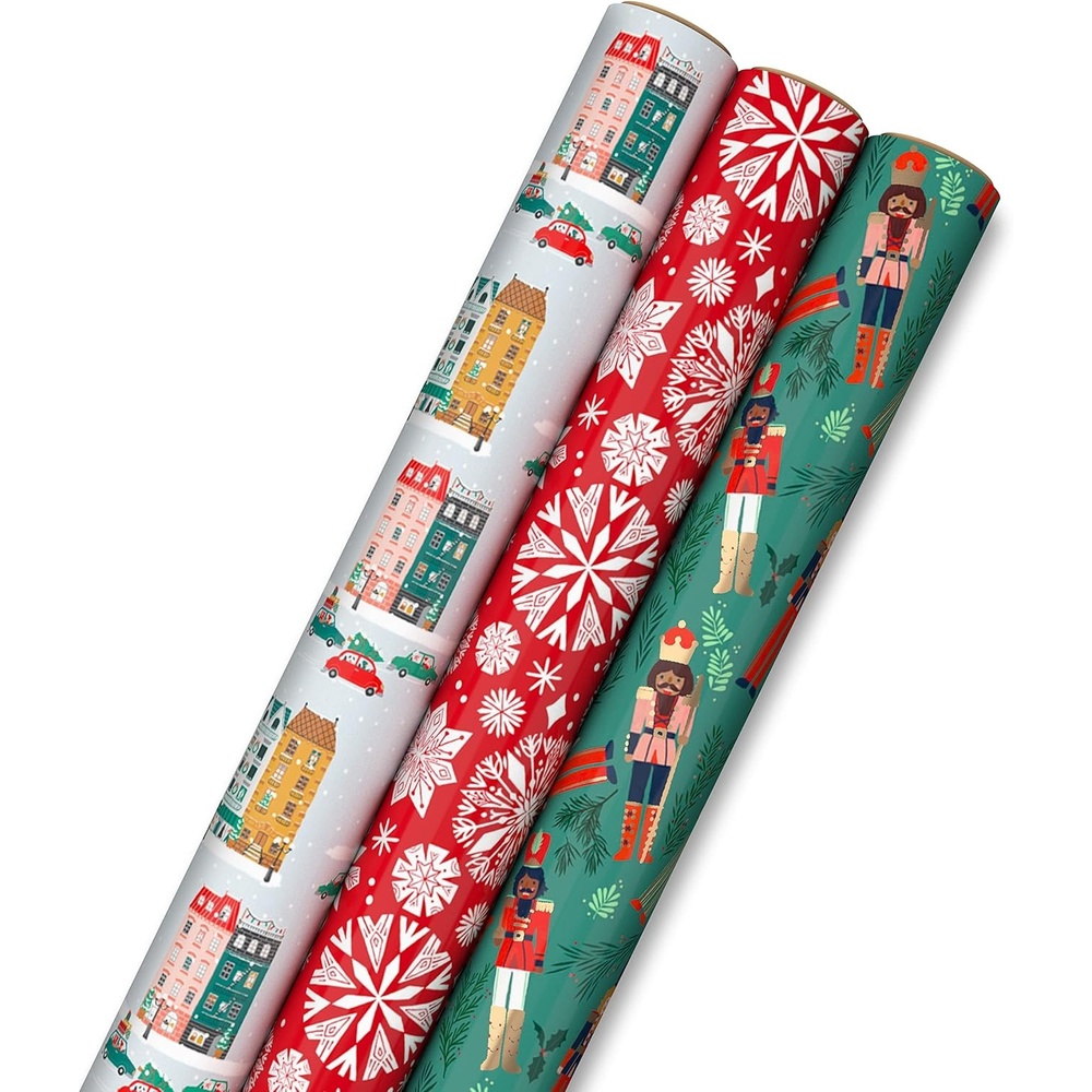 image:imageHallmark Pink Christmas Wrapping Paper with Cut Lines on Reverse 3 Rolls 120 sq ft ttl Pink Mint Gold Reindeer Christmas Trees SnowflakesWinter City Scene  Rustic Snowflakes on Red  Nutcrackers with Foliage