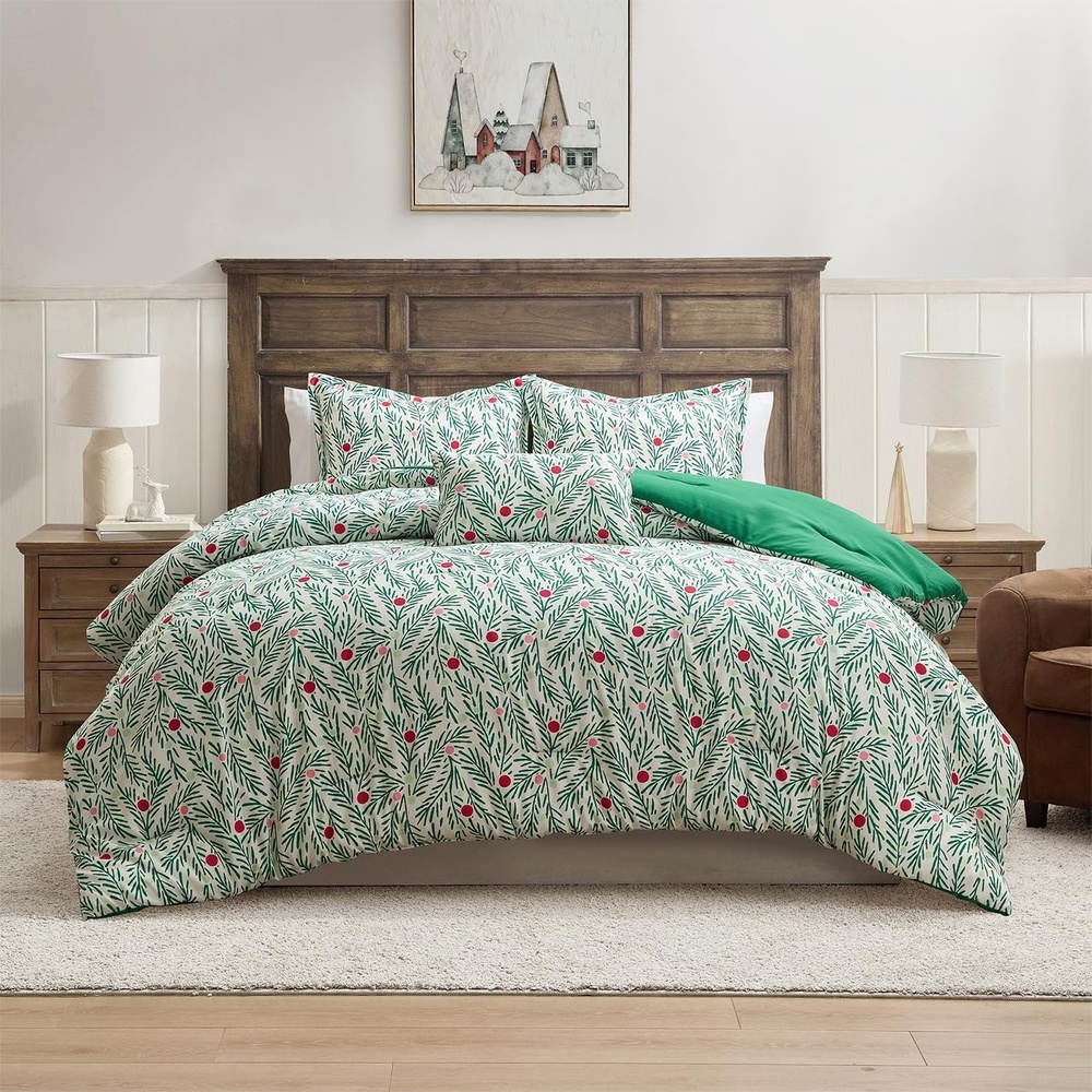 image:imageHallmark QueenFull Size 4Piece Holiday Bedding Set  Festive Cozy Comforter 2 Shams Decorative Pillow  Lightweight Cozy Home Decor  Super Soft Microfiber Fabric  WrinkleResistant  Red ToileJoy to Your World Green