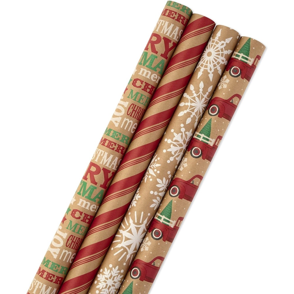 image:imageHallmark Recyclable Christmas Wrapping Paper for Kids with Cut Lines on Reverse 4 Rolls 88 sq ft ttl Kraft Brown with Christmas Lights Deer Snowflakes Red Green Blue Stripes 0005JXW1212Red Trucks  Snowflakes  Red Stripes  Merry Christmas