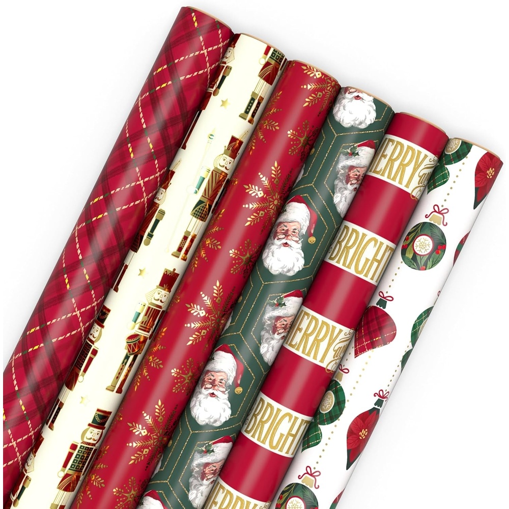 image:imageHallmark Recycled and Recyclable Christmas Wrapping Paper Rolls with Cutlines on Reverse 6 Rolls 150 Sq Ft Total Deer Mittens Citrus with Pinecones Red and Green QuiltPlaid  Nutcracker  Snowflake  Santa  Merry and Bright  Ornaments
