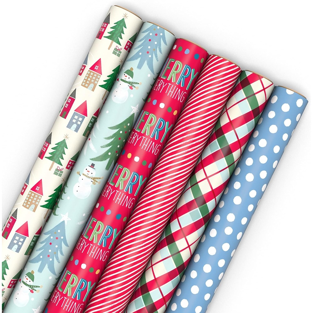 image:imageHallmark Reversible Christmas Wrapping Paper Rolls for Kids 6 Rolls 150 Sq Ft Total Cookies Donuts Mittens Penguins DinosaursCute Christmas