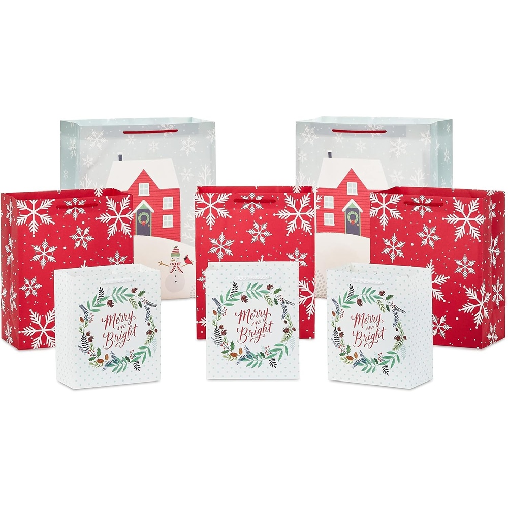 image:imageHallmark Rustic Christmas Gift Bag Assortment 8 Bags 3 Small 6 3 Medium 9 2 Large 13 Gray White and Red Farmhouse Snowman Snowflakes Merry and Bright WreathRed  White and Gray  Farmhouse  Snowflakes