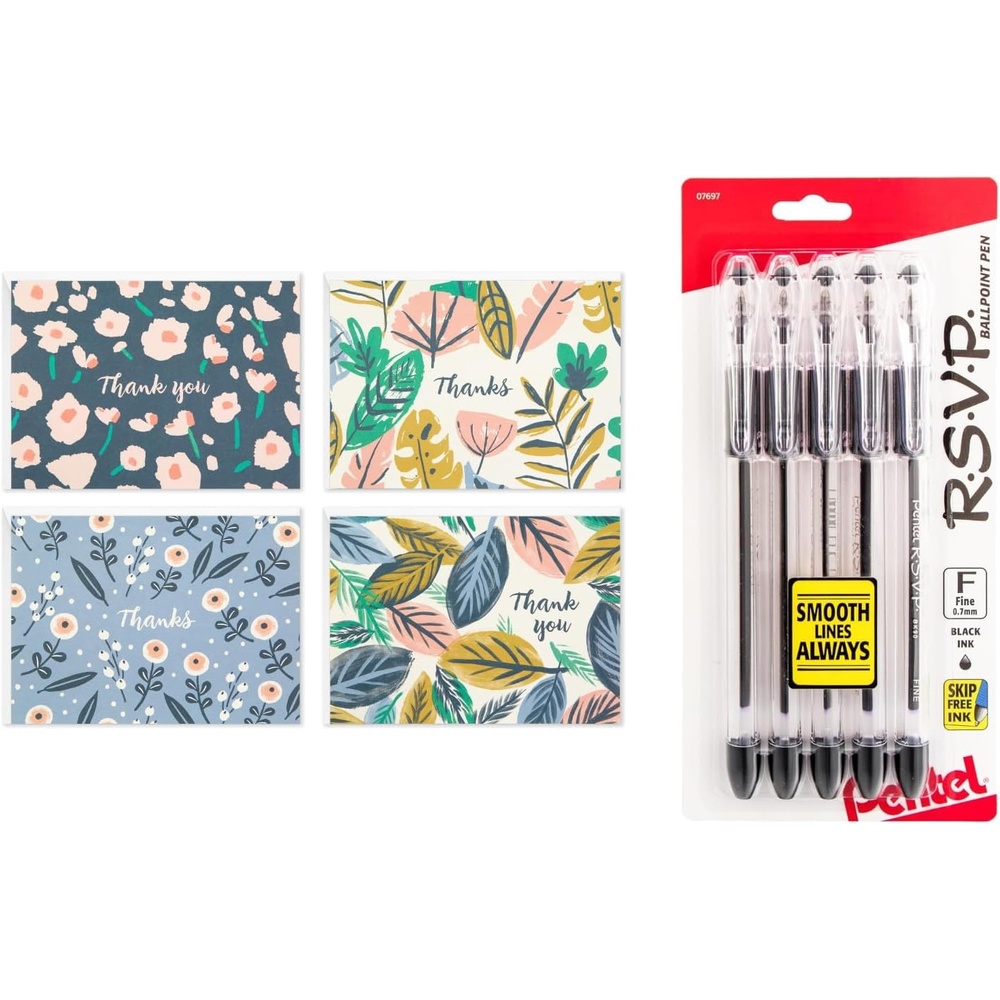 image:imageHallmark Thank You Cards Painted Florals 48 Count with Envelopes and Pentel RSVP Ballpoint Pens Pack of 5 for Bridal Showers Birthdays Graduations Any Occasion