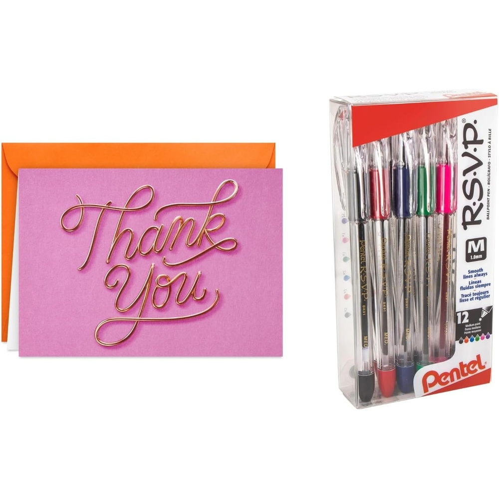 image:imageHallmark Thank You Notes 40 Cards with Envelopes and Pentel RSVP Ballpoint Pens Pack of 12 for Bridal Showers Birthdays Graduation Any Occasion