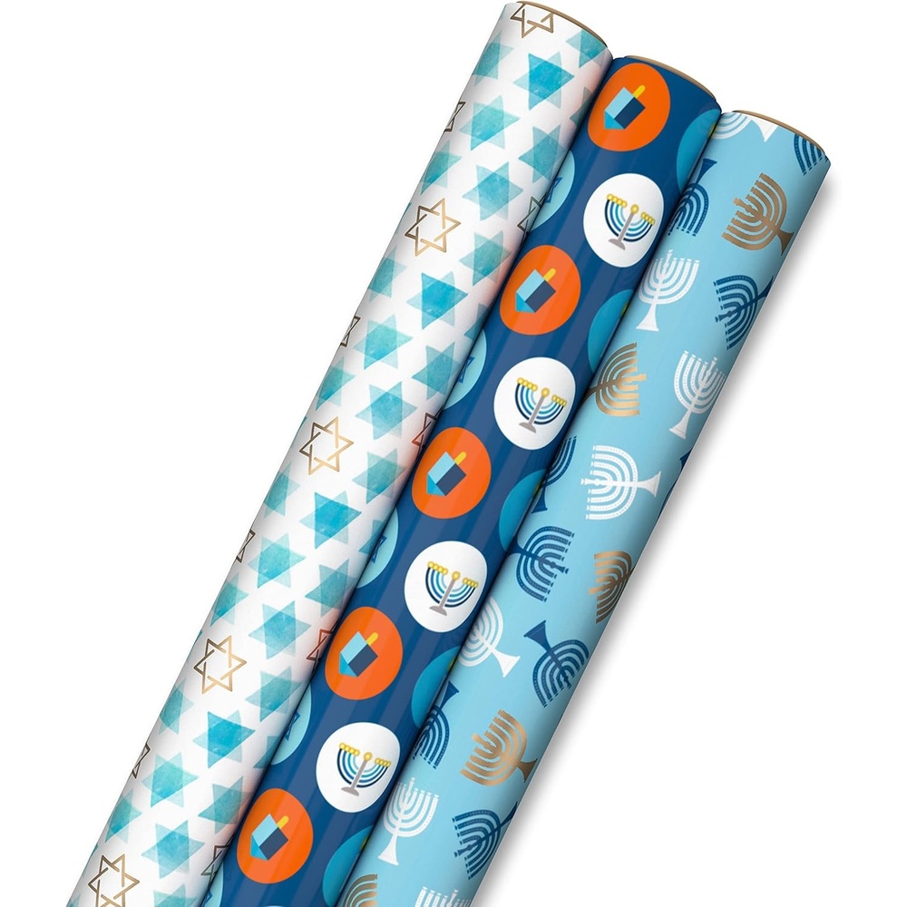 image:imageHallmark Tree of Life Hanukkah Wrapping Paper with Cutlines on Reverse 3 Rolls 120 Sq Ft Total Blue and Gold Star of David Menorahs Candles Dreidels1 roll Pack of 3