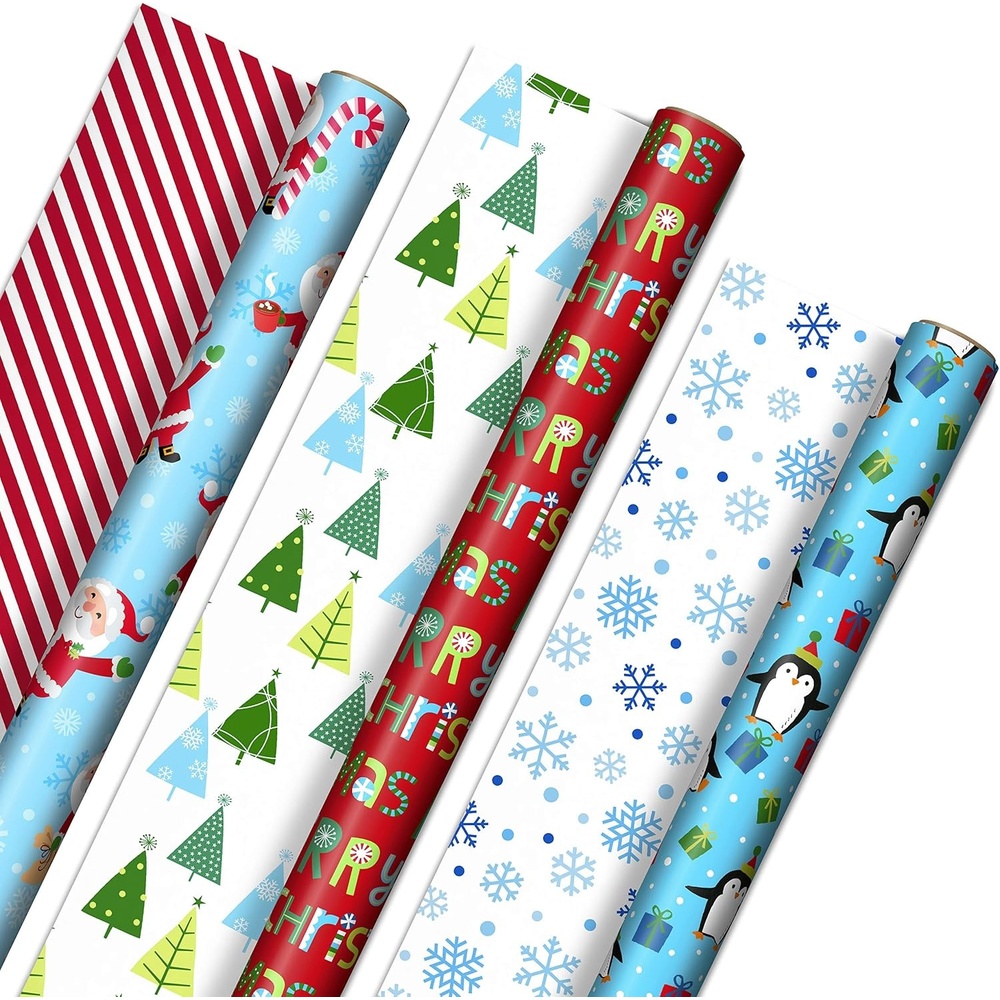 image:imageHallmark Trendy Reversible Christmas Wrapping Paper for Kids 3 Rolls 120 sq ft ttl Dinosaurs Koalas Polar Bears Penguins Camels Zebras StripesPenguins  Santa  Trees  Stripes  Snowflakes  Merry Christmas