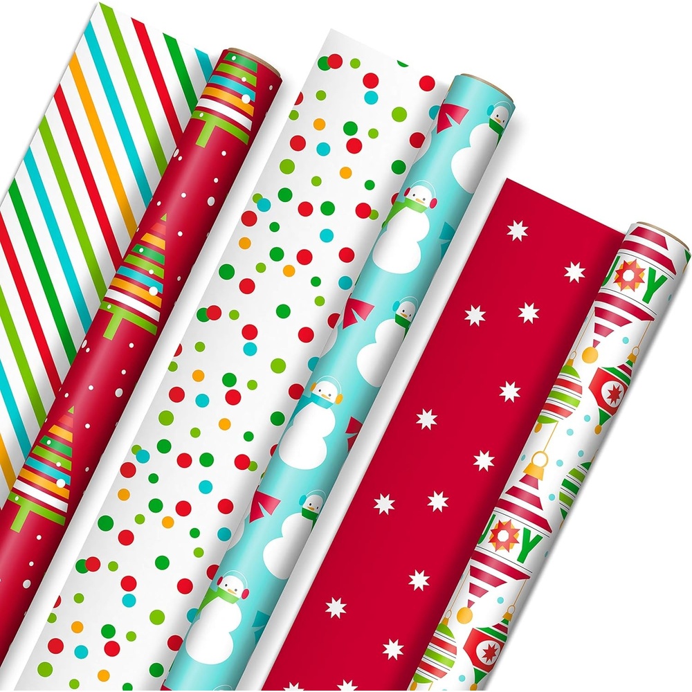 image:imageHallmark Trendy Reversible Christmas Wrapping Paper for Kids 3 Rolls 120 sq ft ttl Dinosaurs Koalas Polar Bears Penguins Camels Zebras StripesVibrant Brights  Stripes  Trees  Ornaments  Polka Dots