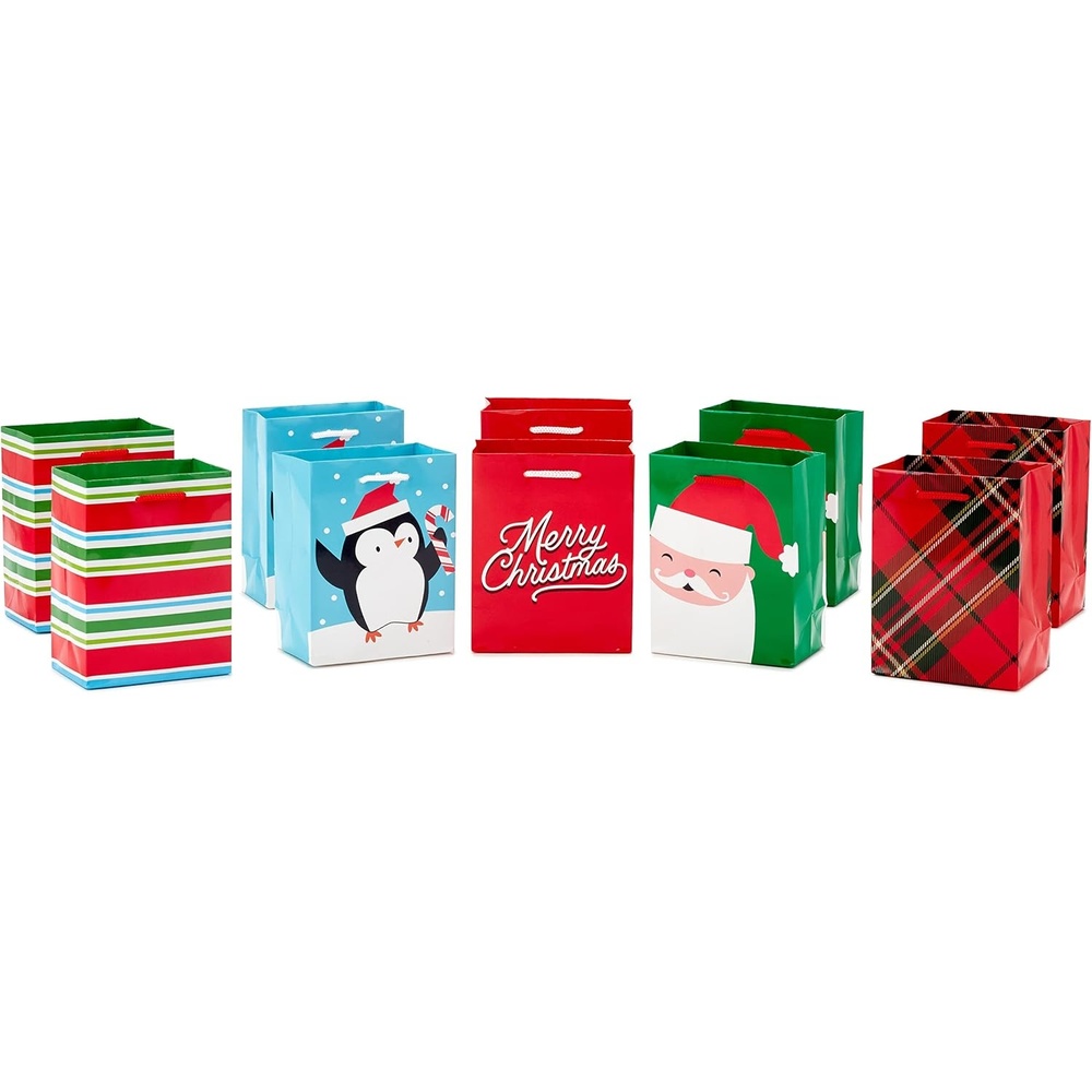 image:imageImage Arts 5 Small Gift Bags Bulk 10 Blue and White Bags Snowflakes Stripes Snowmen Polka Dots for Kids Coworkers Gift Cards Party FavorsStripes  Penguin  Santa  Plaid