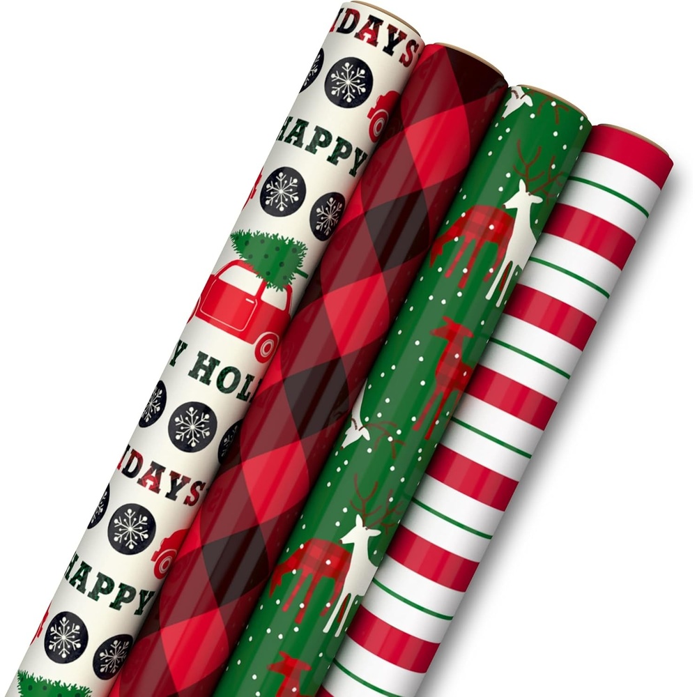 image:imageImage Arts Christmas Wrapping Paper for Kids with Cutlines on Reverse 4 Rolls 120 Sq Ft Total Stripes Candy Canes Trees on Red Cute SnowmenRed Car  Buffalo Plaid  Reindeer  Stripes