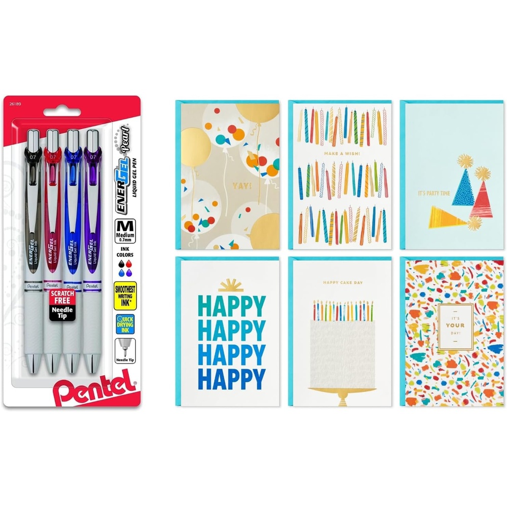 image:imagePentel EnerGel Pearl RTX Retractable Liquid Gel Pens Pack of 4 and Hallmark Birthday Cards Assortment 36 Count with Envelopes