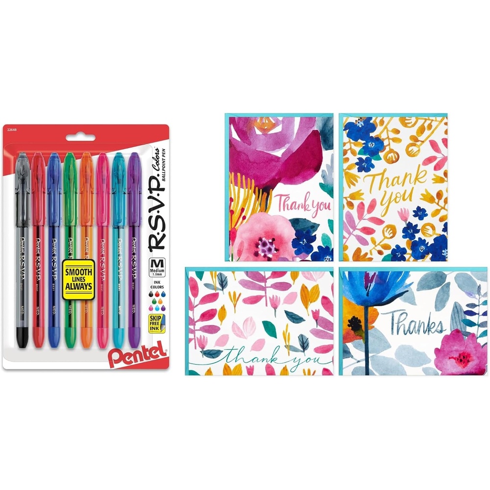 image:imagePentel RSVP Ballpoint Pens Pack of 8 and Hallmark Thank You Notes Watercolor Florals 48 Count with Envelopes for Bridal Showers Birthdays Graduation Any Occasion