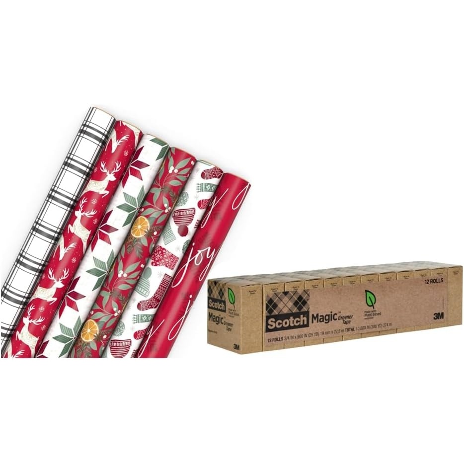 image:imageScotch Magic Greener Tape and Hallmark Recyclable Christmas Wrapping Paper Rolls 12 Rolls of Tape with Set of 6 Gift Wrap Rolls Red and Green Deer Mittens Citrus Quilt Plaid