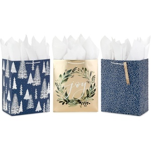 Hallmark 13″ Large Gift Bags with Tissue Paper (3 Elegant Bags: Navy Blue and White, Glittery Wreath, Trees) for Winter Weddings, Birthdays, Baby Showers(Navy  Gold)