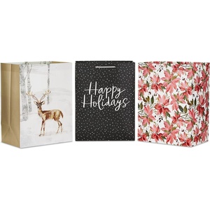 Hallmark 17″ Oversized Holiday Gift Bags (3 Bags: Dark Gray and White Happy Holidays, Winter Deer, Pink Poinsettias) for Christmas, Winter Birthdays, Weddings