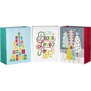 Hallmark Assorted Christmas Gift Bag Bundle (3 Extra Large 17″ Gift Bags, 3 Designs) Trees, Presents, Peace, Love, Joy in Pink, Yellow, Mint Green, Gray and White