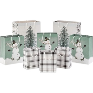 Hallmark Assorted Retro Santa Christmas Gift Bags (8 Bags: 2 Small 6″, 2 Medium 9″, 2 Large 13″, 2 Bottle 13″) Black and Red Plaid, Sleigh, Tree(Sage Green Assortment)