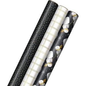 Hallmark Black Christmas Wrapping Paper with Cut Lines on Reverse (3 Rolls: 120 sq. ft. ttl) Charcoal Gray, Snowmen, Gold Windowpane Plaid, Dots for Holidays, Hanukkah, Weddings, Graduations(Charcoal Black  Snowmen  Gold Plaid  Gray Dots)