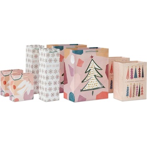 Hallmark Boho Christmas Gift Bag Assortment (8 Bags: 2 Small 6″, 2 Medium 9″, 2 Large 13″, 2 Bottle Bags) in Pastel Pink, Purple, Hunter Green, White Dove, Snowflakes, Trees(Pastel Pink  Purple  Hunter Green)