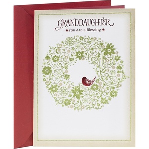 Hallmark Christmas Card for Granddaughter (Snowy City)(Wreath with Bird)