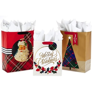 Hallmark Christmas Gift Bag Assortment with Tissue Paper (Pack of 3 Gift Bags: 1 Large 13″, 2 Extra Large 15″) Gold, Plaid, Santa(Retro Santa  Merry Christmas  Plaid Tree)